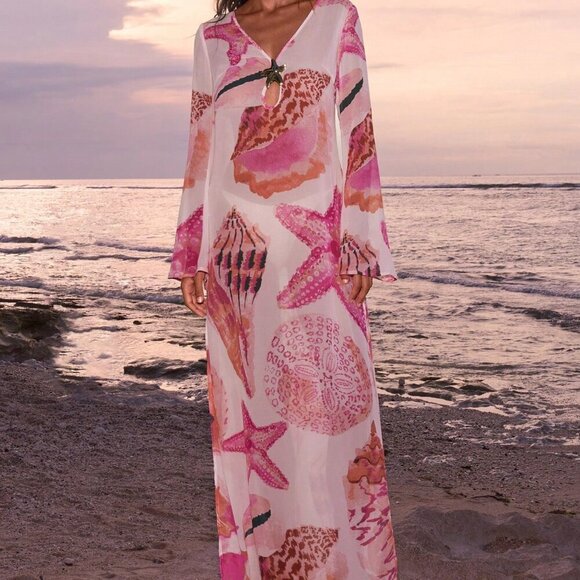 Pink Boho Women's Printed V-Neck Long Sleeve Dress - Picture 4 of 8